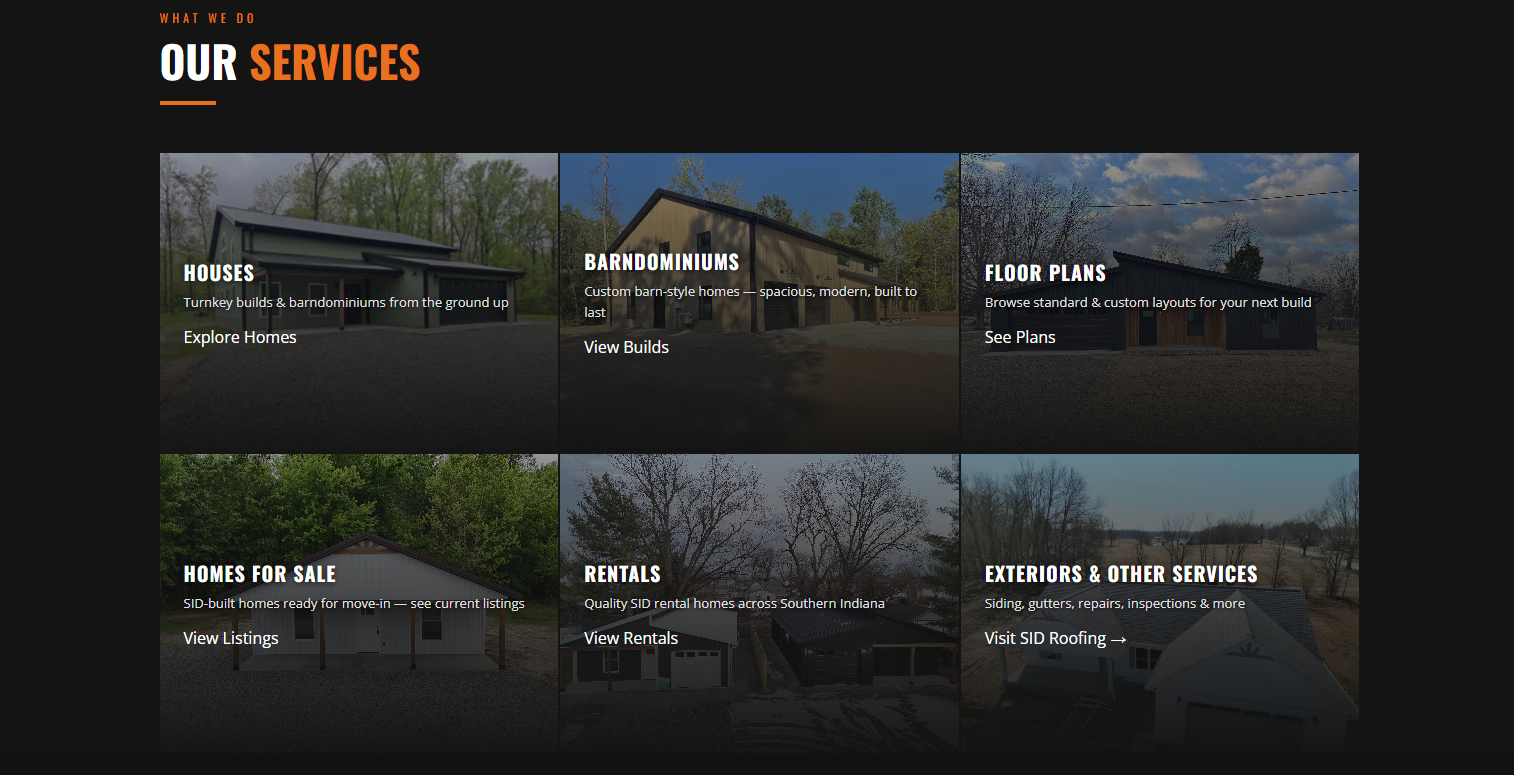 Southern Indiana Developments services section built by ContentExperts.ai