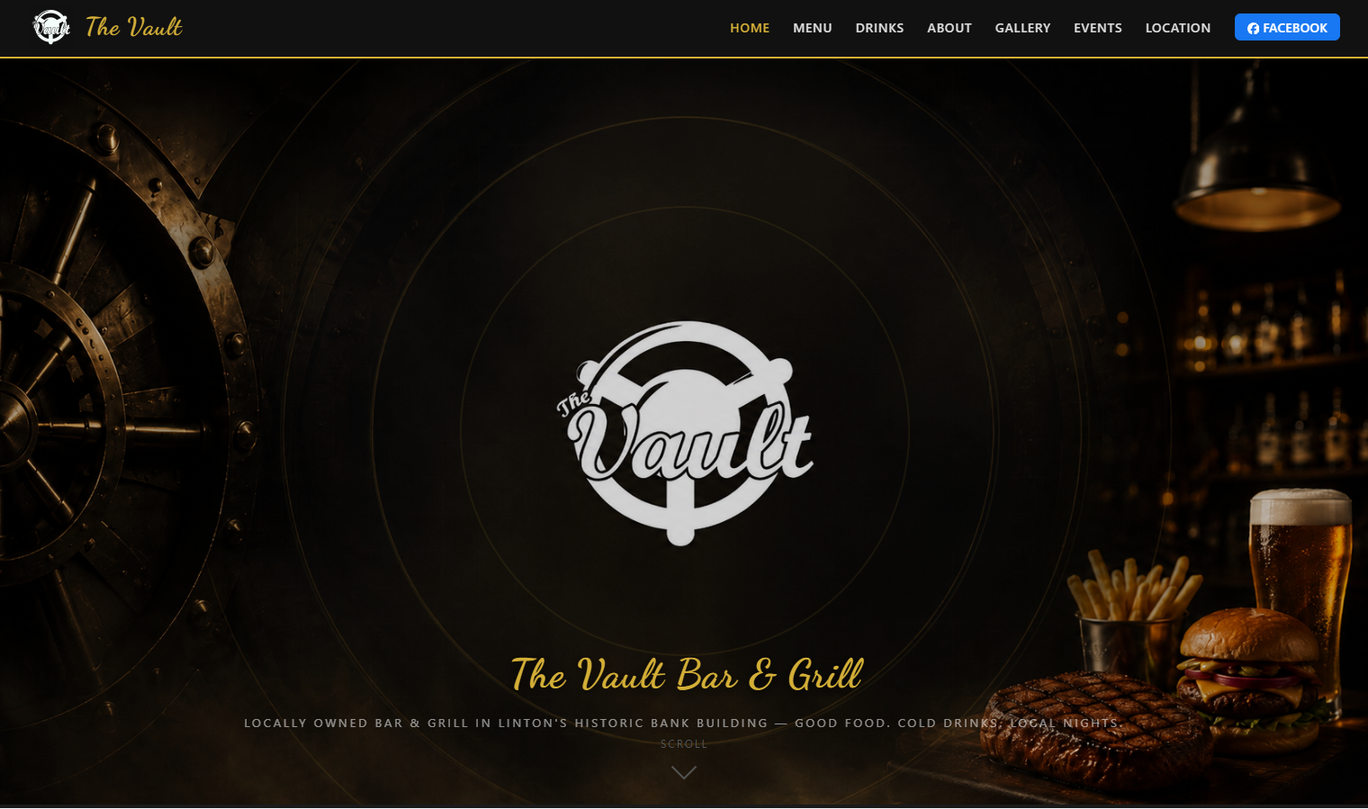 The Vault Bar & Grill website homepage designed and hosted by Content Experts